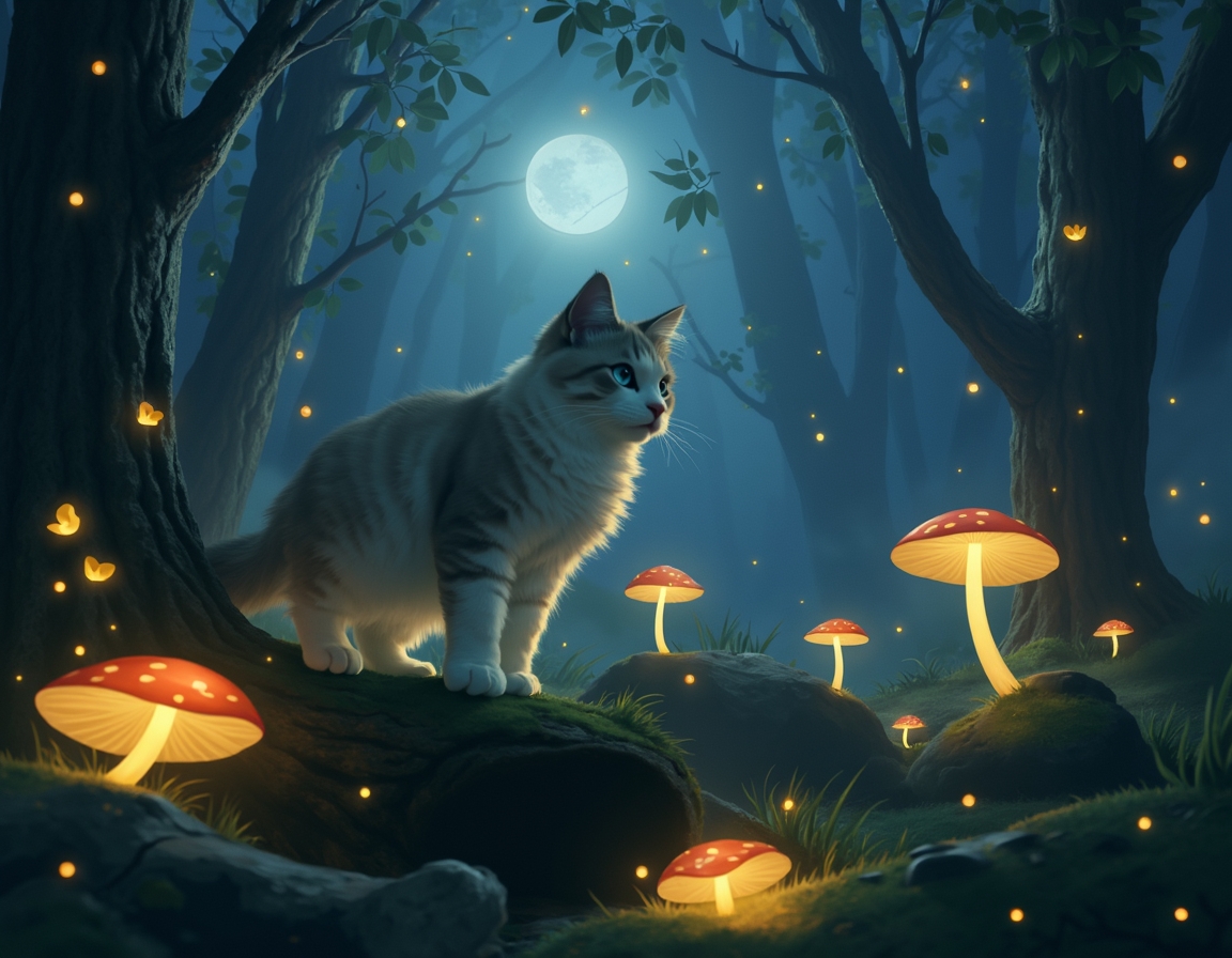 Cat explores a twilight forest alive with bioluminescent mushrooms, sparkling fireflies, and fluttering fairies. The scene captures a sense of enchantment and mystery under the soft glow of moonlight.